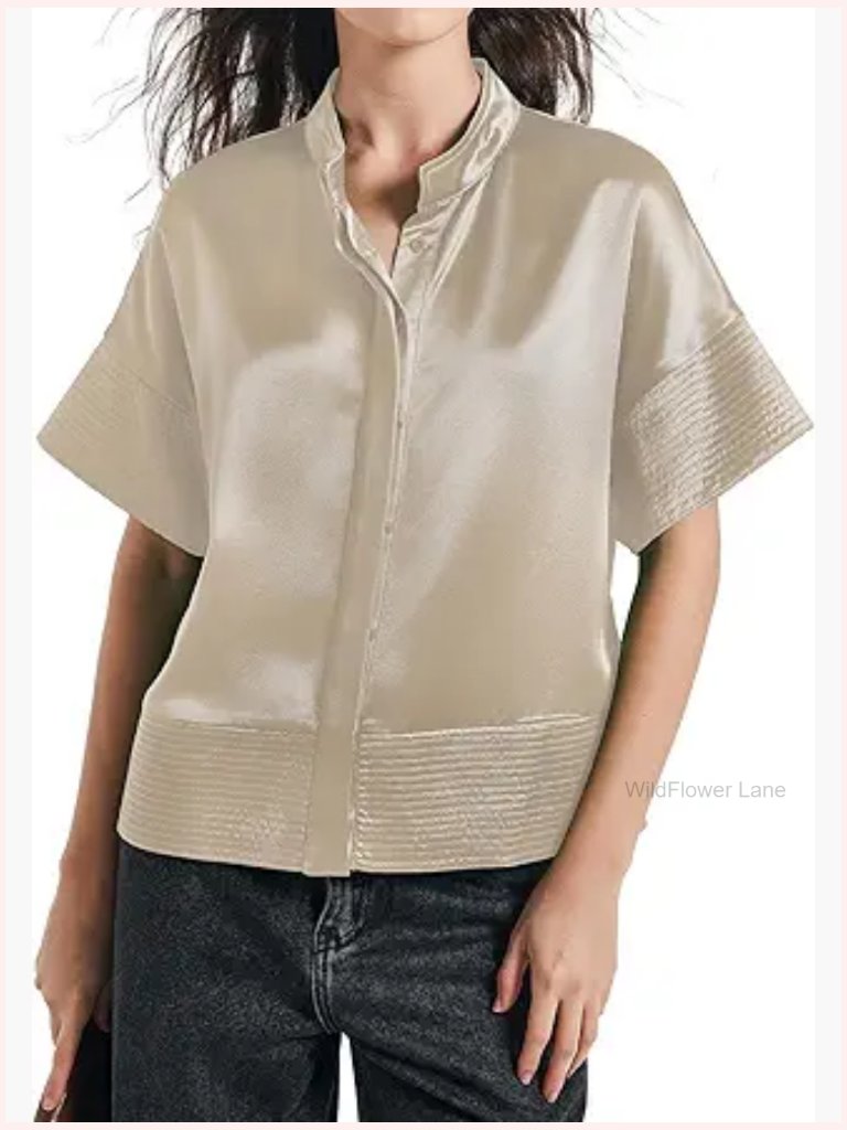 Women's Cropped Short Sleeve Button Down Shirt Stand Collar